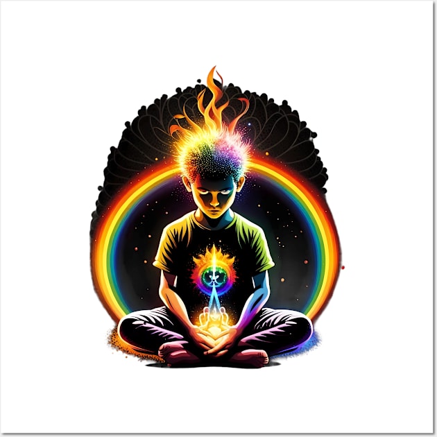 Rainbow Boy Meditation Amidst Fiery Heart Burst Tee (Design 2) Wall Art by trubble